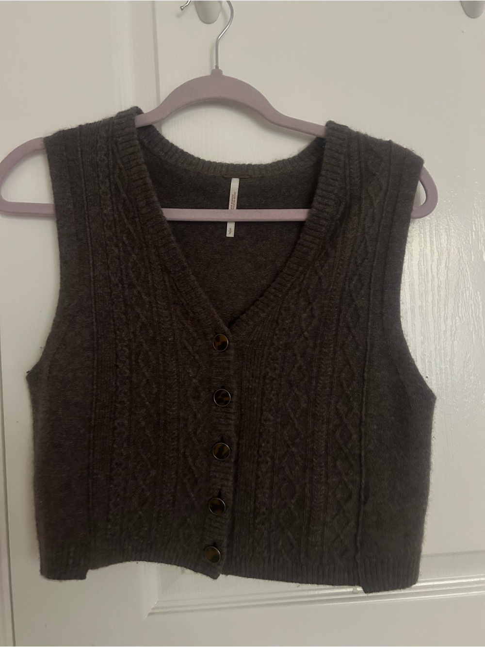 Free People Charcoal Cable-Knit V-Neck Button Front Sweater Vest